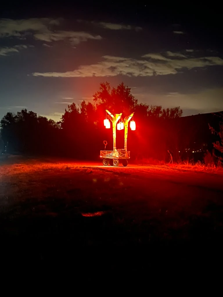 The glowing Time Turtle MVP art cart at night